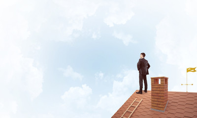 Mister boss on brick roof with arms akimbo. Mixed media