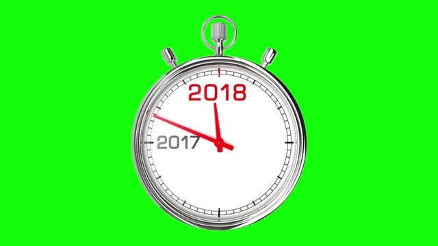 New Year 2018 Stopwatch (Green Screen). Stopwatch countdown from year 2017 to 2018. Clean mask on green screen.