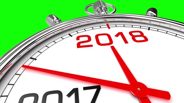 New Year 2018 Clock (Green Screen). Clock countdown from year 2017 to 2018. Perfect for your own background, clean mask on green screen.