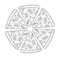 Pizza slices. Vector illustration doodle black and white isolated