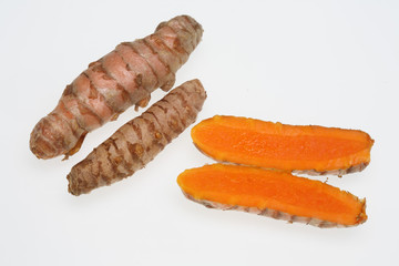 Wurzel von Kurkuma oder Gelbwurz, Curcuma domestica, Gewürz und Heilpflanze