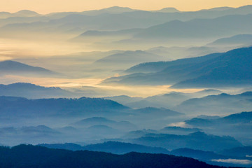 Sunrise on the rolling hills at Clingman's Dome in Great Smoky Mountain National Park in North Carolina