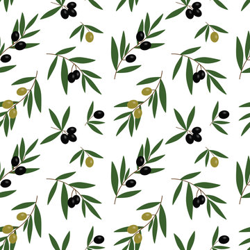 black and green olives branches with green leaves oil pattern on a white background seamless vector