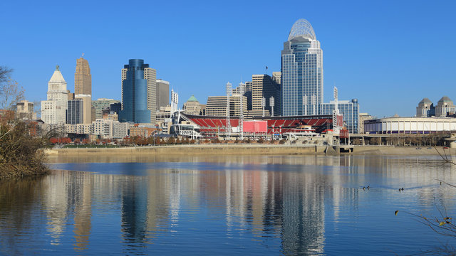 View of the Cincinnati city center with Ohio River in front