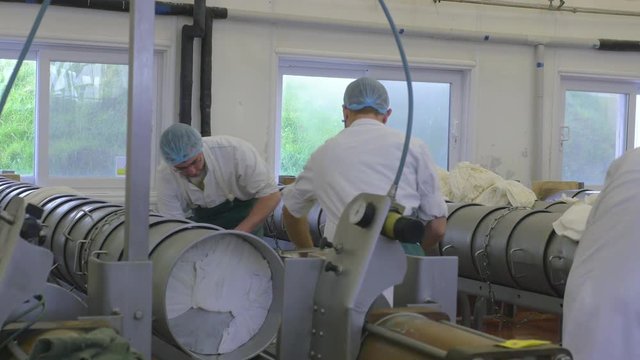Cheese factory employees working hard on their jobs