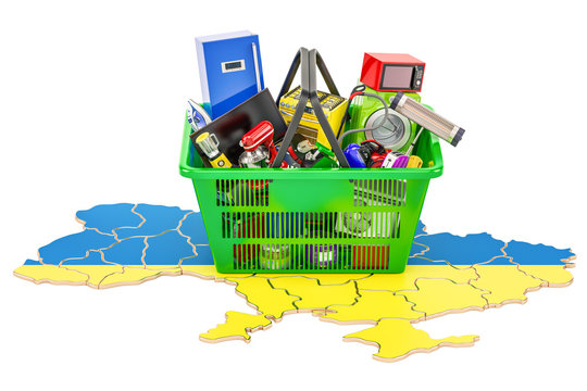 Map of Ukraine with shopping basket full of home and kitchen appliances, 3D rendering