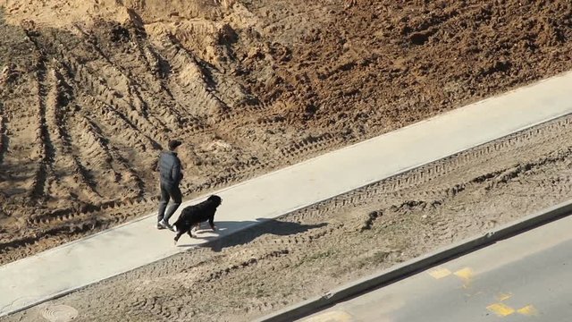 The man runs with a dog on a path 
