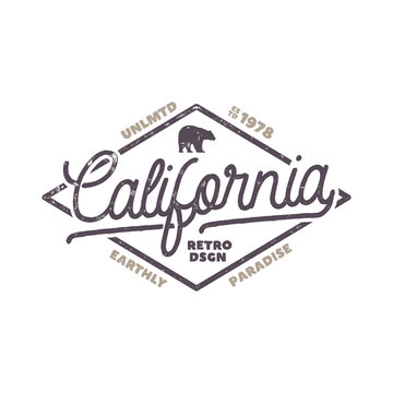 Summer California label with bear and typography elements. Retro surf style for t-shirts, emblems, mugs, apparel design, clothing and other identity. Stock isolated on white background