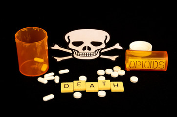 Signs and symbols of opioid crisis on black background.