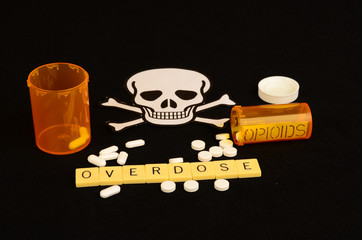 Signs and symbols of opioid crisis on black background.