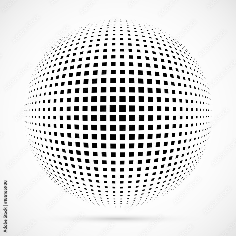 Poster white 3d vector halftone sphere.dotted spherical background.logo template with shadow.square dots is