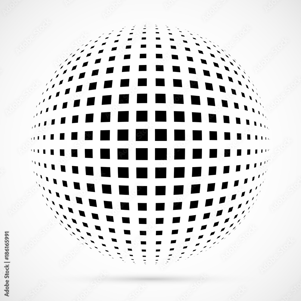 Wall mural white 3d vector halftone sphere.dotted spherical background.logo template with shadow.square dots is
