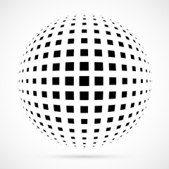 White 3D vector halftone sphere.Dotted spherical background.Logo template with shadow.Square dots isolated on the white background.