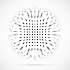 White 3D vector halftone sphere.Dotted spherical background.Logo template with shadow.Square dots isolated on the white background.