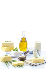 food Fats: set of dairy product and oil on white background