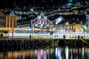 Deurstickers Bergen city centre at night, Norway © DawidDobosz
