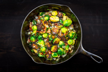 Full View of Cast Iron Skillet with Brussels Sprouts