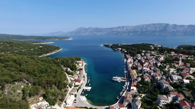 aerial view, Morning bay of the clear sea, in a quiet village
