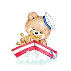 Cute Teddy bear driving a boat
