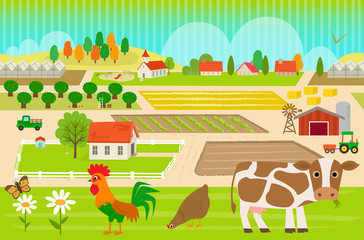 Farmland Pattern - Colorful, farmland pattern with cow, hen and rooster. Eps10