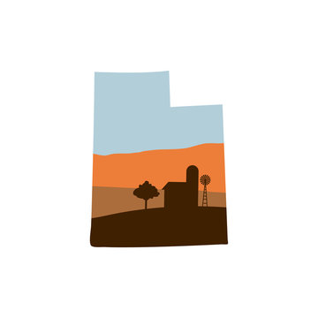 Utah State Shape with Farm at Sunset w Windmill, Barn, and a Tree