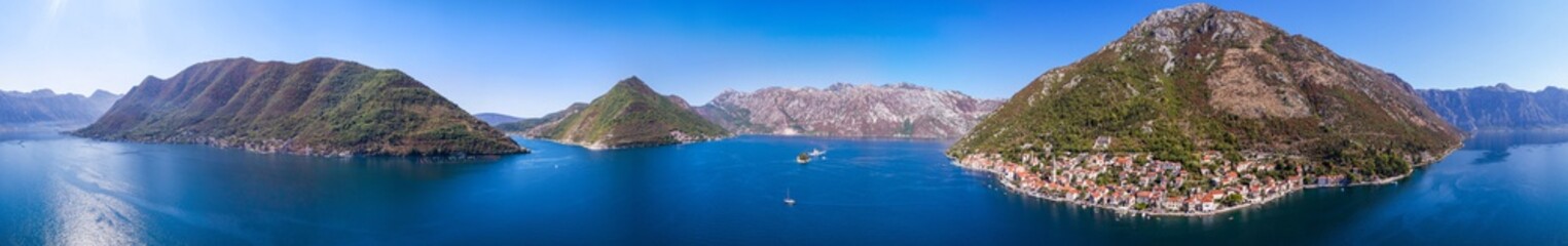 Panoramic aerial view of the Bay of Kotor and town of Perast, Montenegro - obrazy, fototapety, plakaty