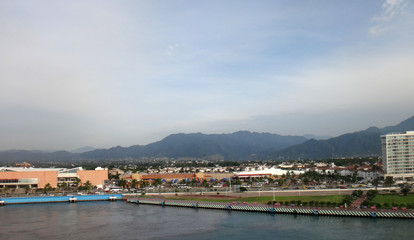 Fototapeta na wymiar Scene of Puerto Vallarta from a cruise ship. Jalisco, Mexico.