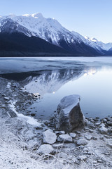 Chilkat lake with open water in winter