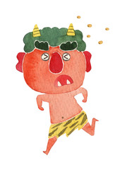 節分  鬼 豆まき　水彩 イラスト