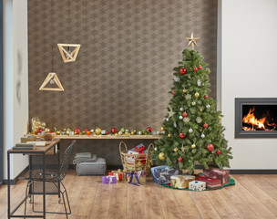 Modern Christmas and new year concept interior living room style fireplace and Christmas tree with ornament decoration wooden and gift home design