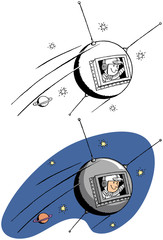 An astronaut in a round spaceship traveling the stars © RTRO