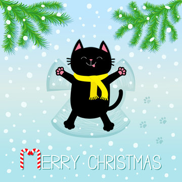 Merry Christmas. Black smiling cat laying on back. Making snow angel. Moving paws. Fir tree. Branch spruce Cute cartoon funny character Paw print track. Flat design. Blue snowflake background.