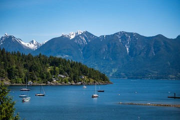 Fototapeta na wymiar view of Vancouver Island with green forest and snow covered mountains