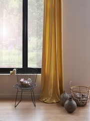 decorative corner home design yellow curtain windows and metal chair