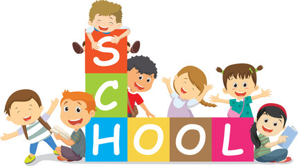 Happy school kids with blocks. back to school concept