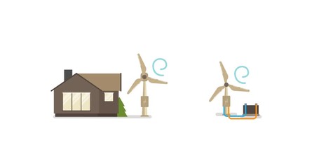 Wind turbine green energy illustrated flat icon animation with house electricity supply and battery charging.
