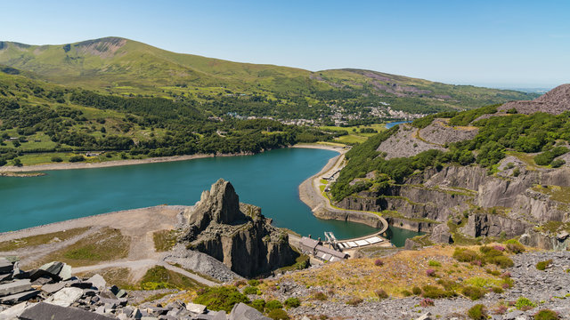View from Dinorwic Quarry, Gwynedd, Wales, UK - with Llyn Peris, the Dinorwig Power Station Facilities and Llanberis in the background