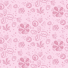 Tender pink and cherry doodle floral seamless pattern. Lovely naive texture with outline flowers and blotches for girls textile, wrapping paper, banner, underwear, surface, wallpaper, background