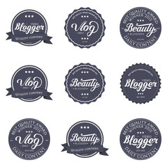 Collection of Badges Video Blogger,  Beauty, Vlog Video with Hand Drawn Lettering Isolated in White Background. Set of Black Logo Emblems Vector Illustration. Can be used for Logotype, Branding.