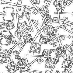 Vintage keys. Black and white seamless pattern for coloring books, pages. Vector