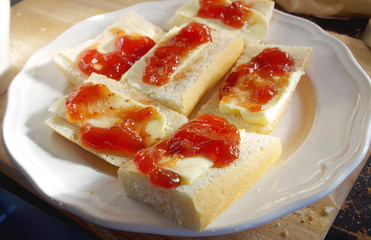 healthy breakfast, bread, butter and jam