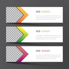 Naklejka premium Web banner set design. Inspired by abstract, three color that green orange and purple on the gray background .Vector illustration.