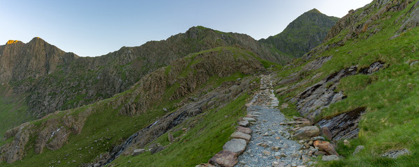 Walking on the Miner's track, Snowdonia, Wales, UK - with Mount Snowdon in the background