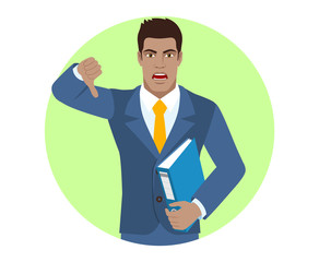 Businessman holding a folder and showing thumb down gesture as rejection symbol