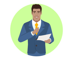 Businessman pointing at himself and holding the paper
