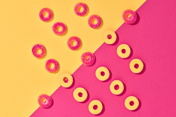 Gummy Candies background, Sweets. Flat lay. Summer Party, Pink Birthday Layout. Bright Colorful....
