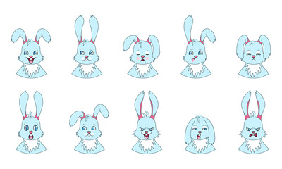 Heads of Rabbit with Different Emotions - Smiling, Sad, Anger, Aggression, Drowsiness, Fatigue, Malice, Fear