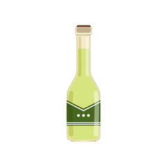 Fresh olive oil in glass bottle. Green liquid in transparent vessel. Concept of grocery goods. Isolated flat vector element for store poster or flyer