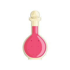 Wine vinegar in transparent bottle. Pink liquid in glass decanter. Organic product for food preparing and salad dressing. Flat vector design for flyer or promo poster