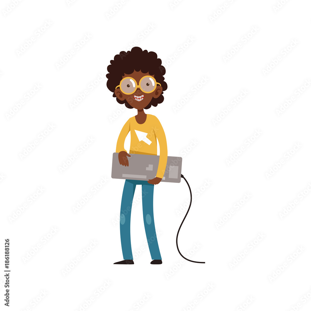 Poster Computer geek character with keyboard in hands. Cartoon black boy with smiling face expression. Kid in sweater, jeans, glasses and braces on teeth. Flat vector design